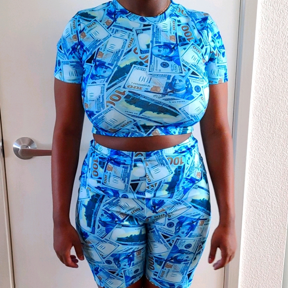 Blue money print short set M-XL w/ matching mask